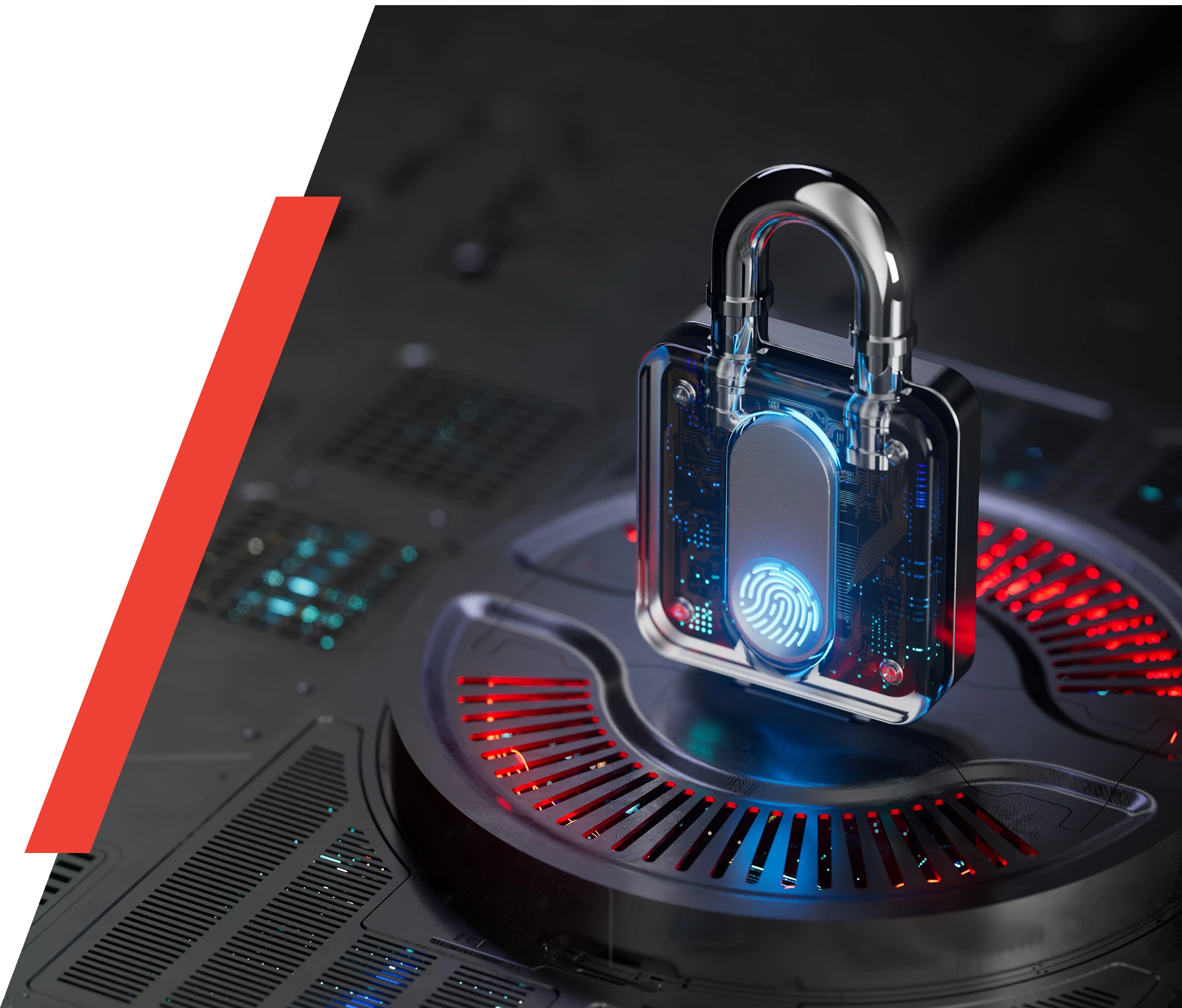 Futuristic padlock with digital fingerprint scanner.